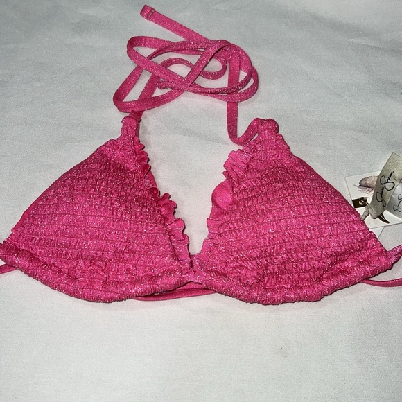 Jessica Simpson Glitter Bomb Smocked Triangle Bikini Top Pop Pink S - Picture 2 of 12